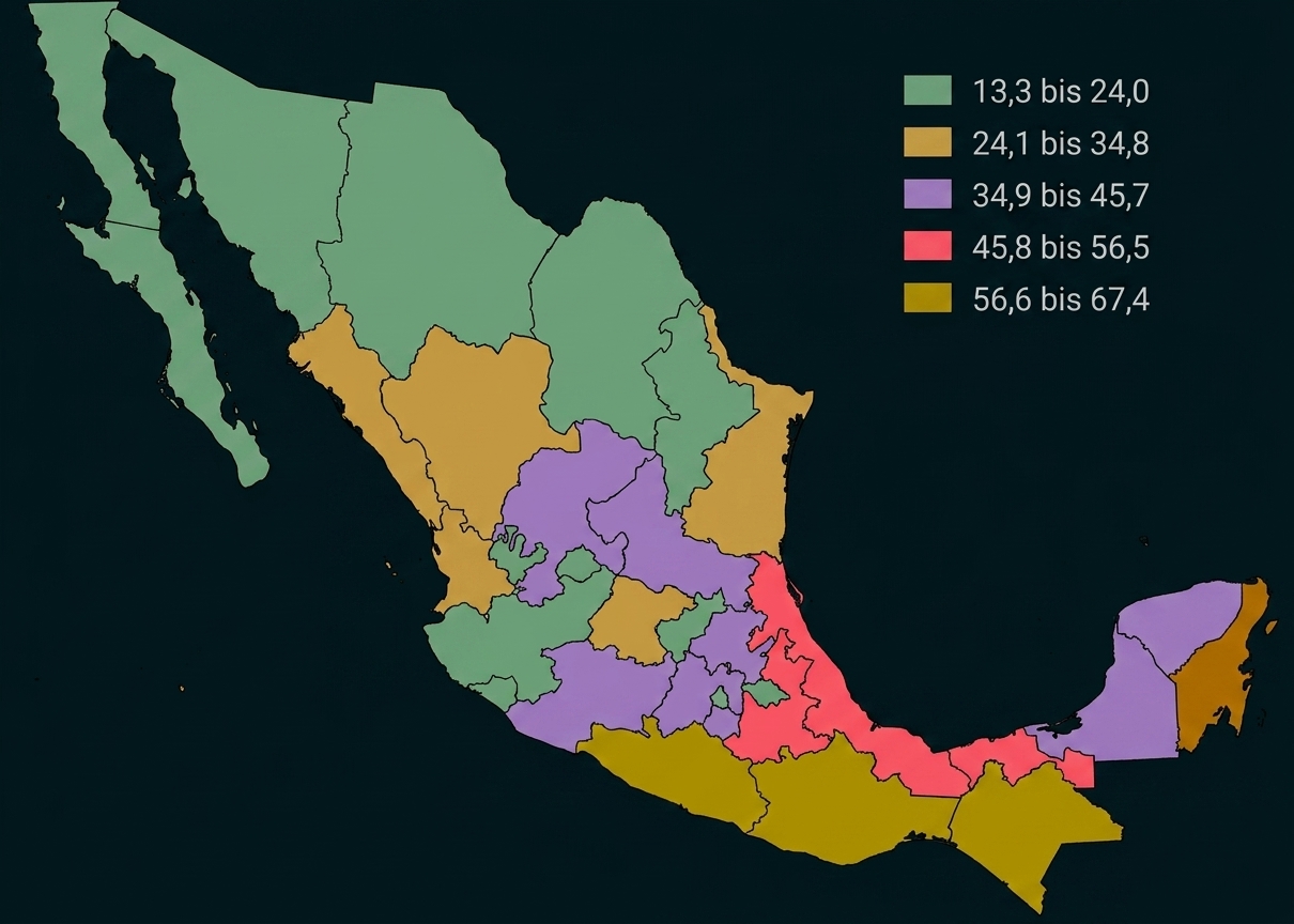Thematische Karte von Mexiko mit farbigen Regionen und Legende (Grün, Gelb, Lila, Rot)